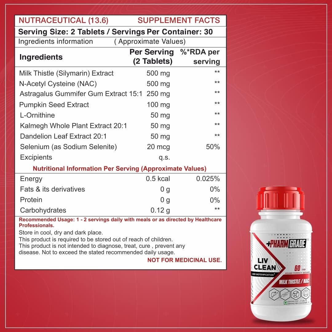 Pharmgrade LIV Clean Liver Detox With Milk Thistle 500mg | N- Acetyl Cysteine (NAC) 500mg | Pumpkin Seed Extract 100mg | L-Ornithine Aspartate 50mg | Kalmegh 50mg | Dandelion 50mg For Overall Liver Protection