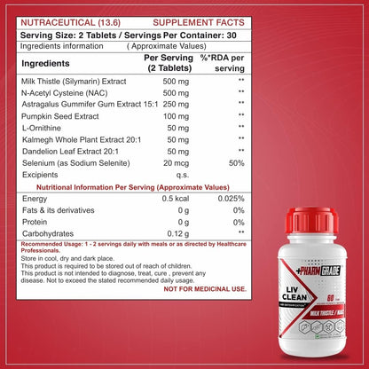 Pharmgrade LIV Clean Liver Detox With Milk Thistle 500mg | N- Acetyl Cysteine (NAC) 500mg | Pumpkin Seed Extract 100mg | L-Ornithine Aspartate 50mg | Kalmegh 50mg | Dandelion 50mg For Overall Liver Protection
