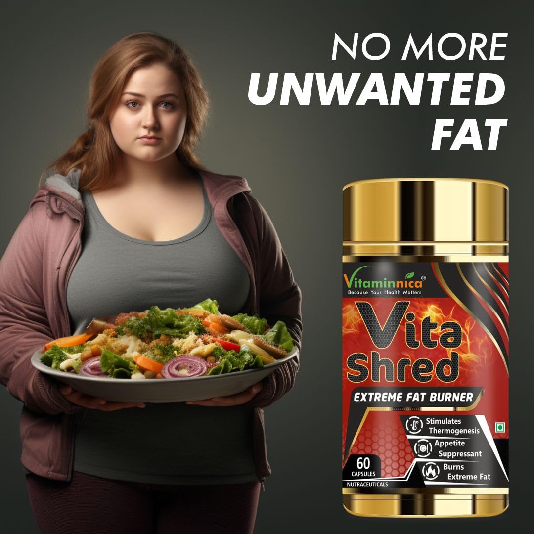 Vitaminnica Vita Shred - Fat Burner Capsules for Men and Women | Excellent Fat Burner Supplement, Metabolism Booster| Reduces Cholesterol & Sugar levels| 60 Veg Capsules