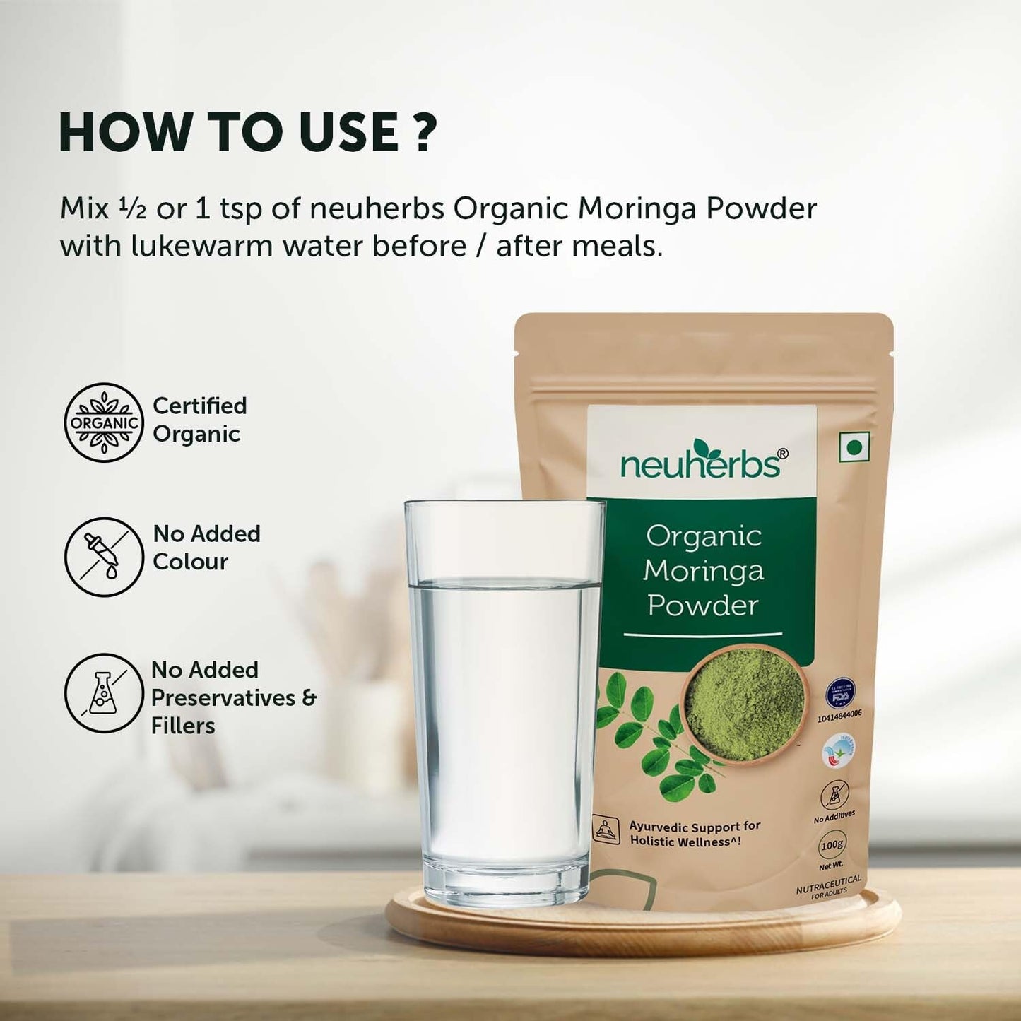 Neuherbs Organic Moringa Powder | Drumstick Leaf Powder/Churna | Rich In Antioxidant & Protein To Support Digestion, Hair & Skin Health | Certified Organic - 100g