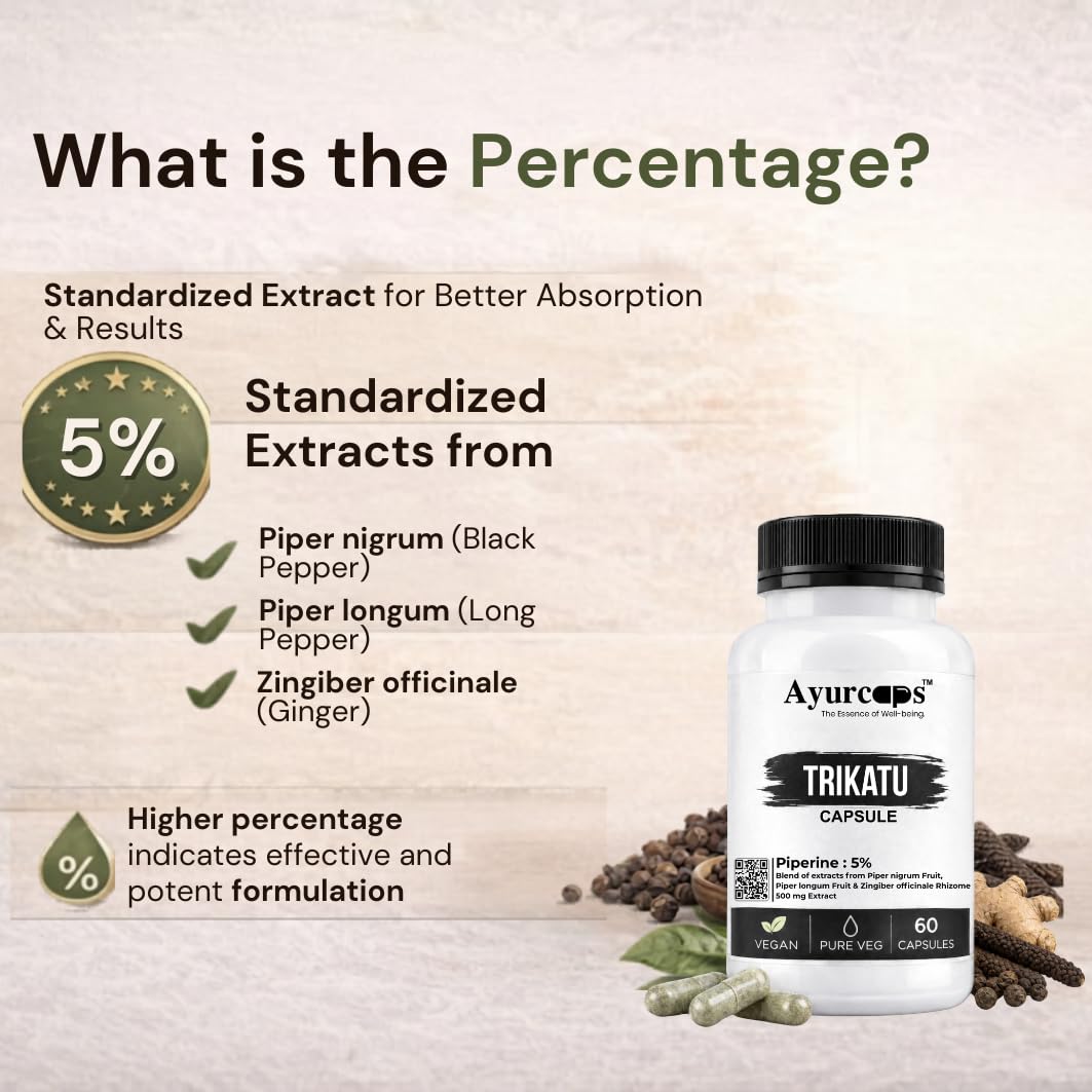 Trikatu Capsules For Men & Women | Ayurvedic Blend Of Black Pepper, Long Pepper & Ginger Extract | Piperine 5% Herbal Supplement For Digestion, Metabolism & Daily Wellness Support | 60 Capsules