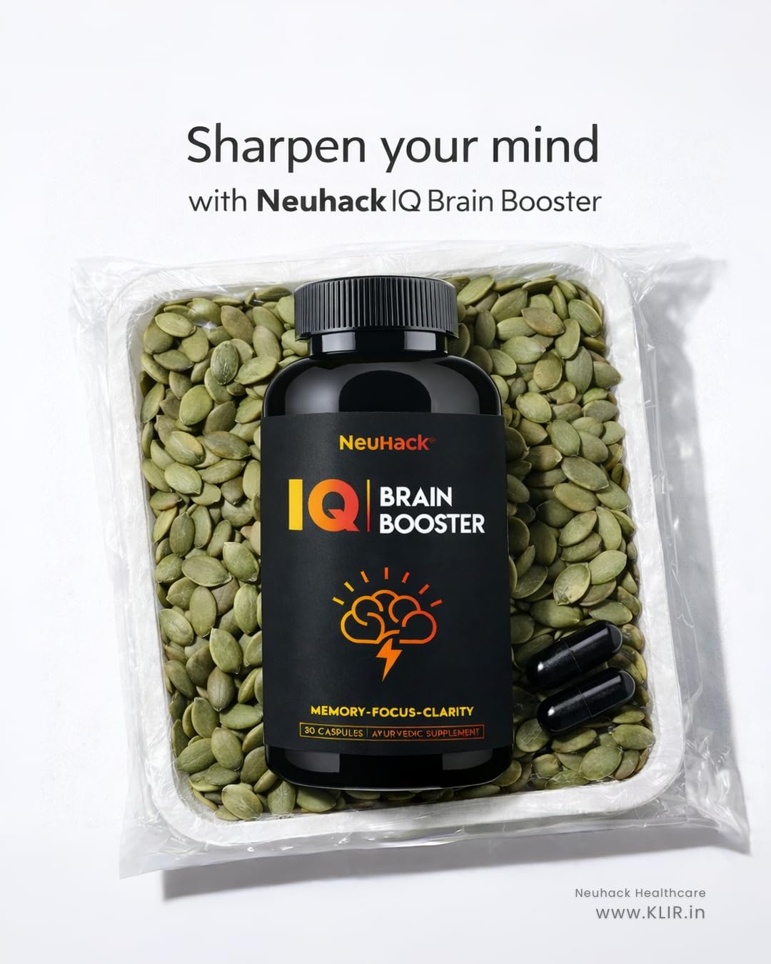 Neuhack IQ Brain Booster Memory Support Supplement with Brahmi, Ashwagandha, Shatavari & Jatamansi Ayurvedic - 30 Capsules