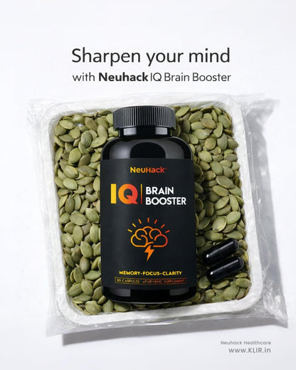 Neuhack IQ Brain Booster Memory Support Supplement with Brahmi, Ashwagandha, Shatavari & Jatamansi Ayurvedic - 30 Capsules
