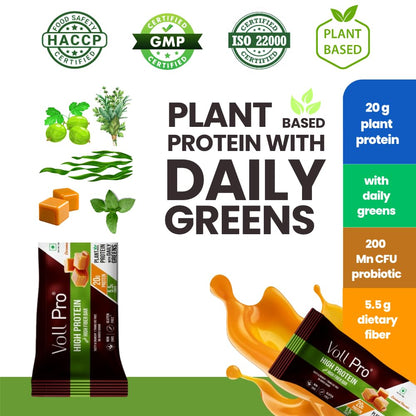 Voll Pro Plant Protein Bar with Daily Greens - High Protein 20g, Fiber 5.5g, 0g Sugar - Caramel Flavour- Non-GMO- Gluten & Trans Fat Free- Crunchy, Delicious Nutrient-Rich Protein Bars (50g X 3 Bar) - (Pack Of 3, Caramel)