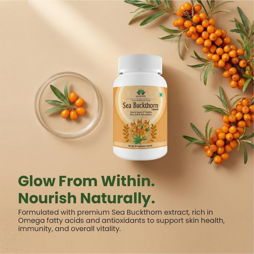Pushpveda Sea Buckthorn Extract Capsules 500mg | Himalayan Seabuckthorn with Omega 3, 6, 7 & 9 | Natural Antioxidant Supplement for Skin, Immunity & Daily Wellness | Veg Capsules | 60 Capsules