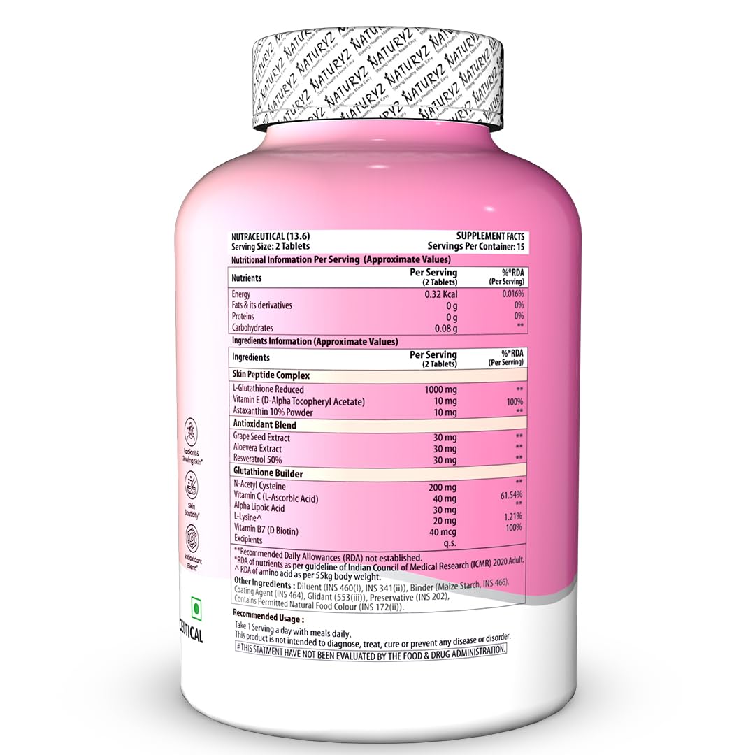 NATURYZ High Potency L-Glutathione 1000mg per serving Glow Supplement for Women & Men | Highest 11 Nutrients | Skin Peptide Complex for Depigmentation | Antioxidant Blend | Glutathione Builder for Radiant & Brightening Skin - 30 Tablets