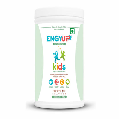 ENGYUP Kids Protein Powder | Nutritional & Health Supplement for growing Children | Quality Protein, DHA, Brahmi, Shankhpushpi, Curcumin, Pre & Pro-biotic | Chocolate Flavor | 200g