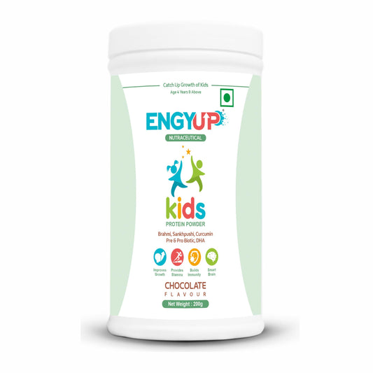 ENGYUP Kids Protein Powder | Nutritional & Health Supplement for growing Children | Quality Protein, DHA, Brahmi, Shankhpushpi, Curcumin, Pre & Pro-biotic | Chocolate Flavor | 200g