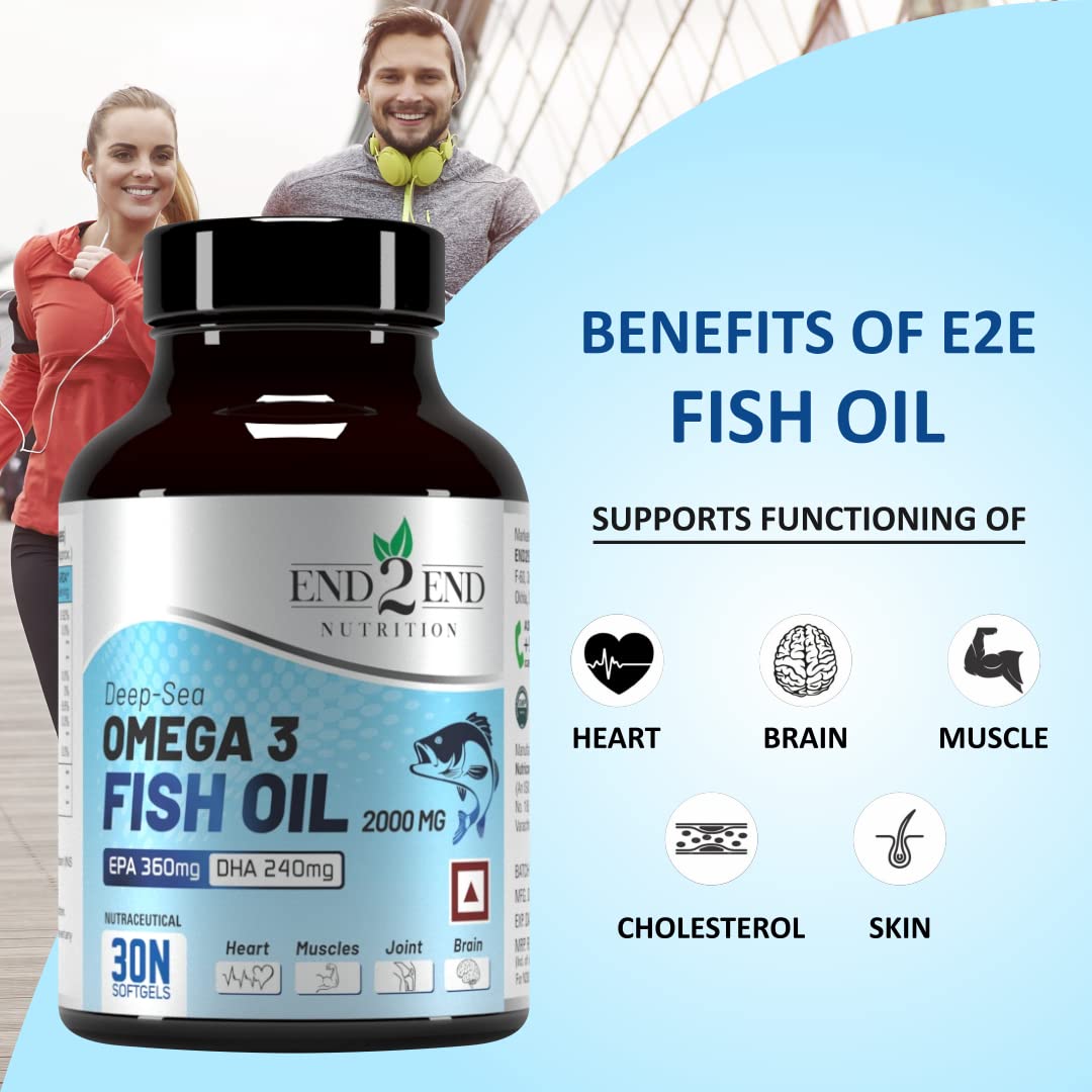 End2End Nutrition Omega 3 Fish Oil Capsules for Men & Women | Heart, Brain, Joint, Eye & Skin Health | 2000mg Fish Oil with 360mg EPA & 240mg DHA - 30 Capsules