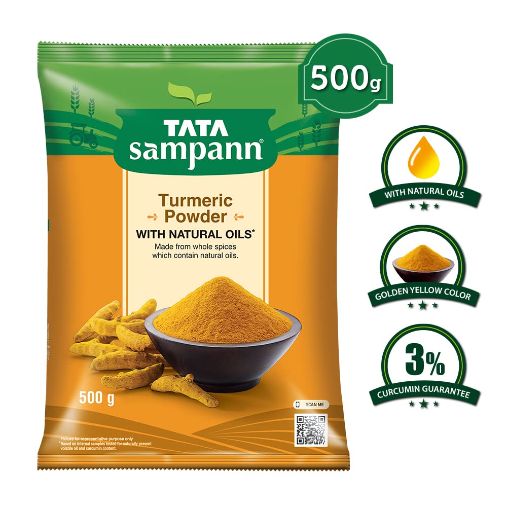 Tata Sampann Turmeric Powder With Natural Oils, 500g & Tata Sampann Hing (Bandhani Hing), Recommended by Chef Sanjeev Kapoor, Compounded Asafoetida, 50g
