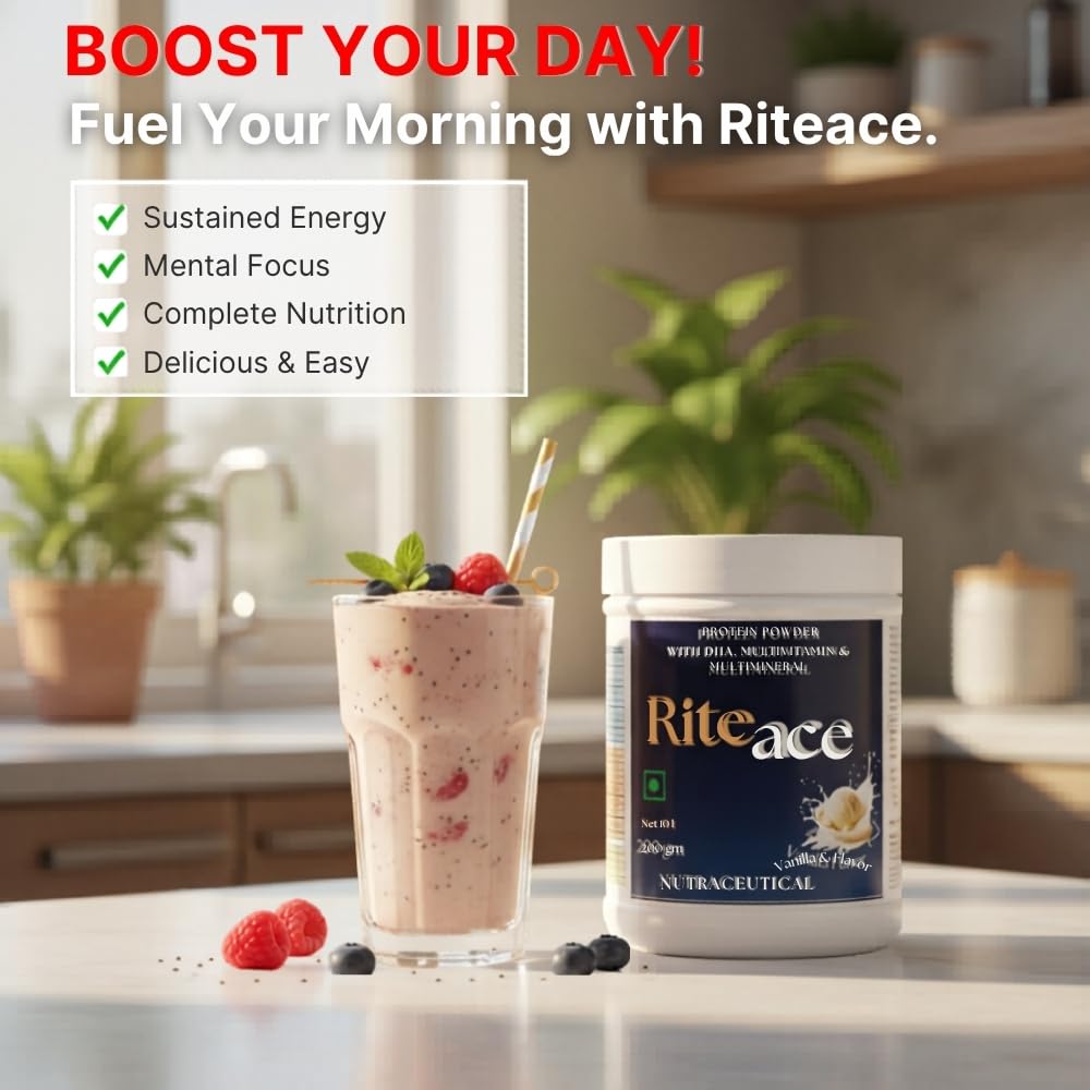 RITE AID HEALTH CARES Riteace Nutraceutical Protein Powder 200g | Vanilla Flavor | With DHA, Multivitamins & Multiminerals | Daily Nutrition & Energy Wellness Supplement