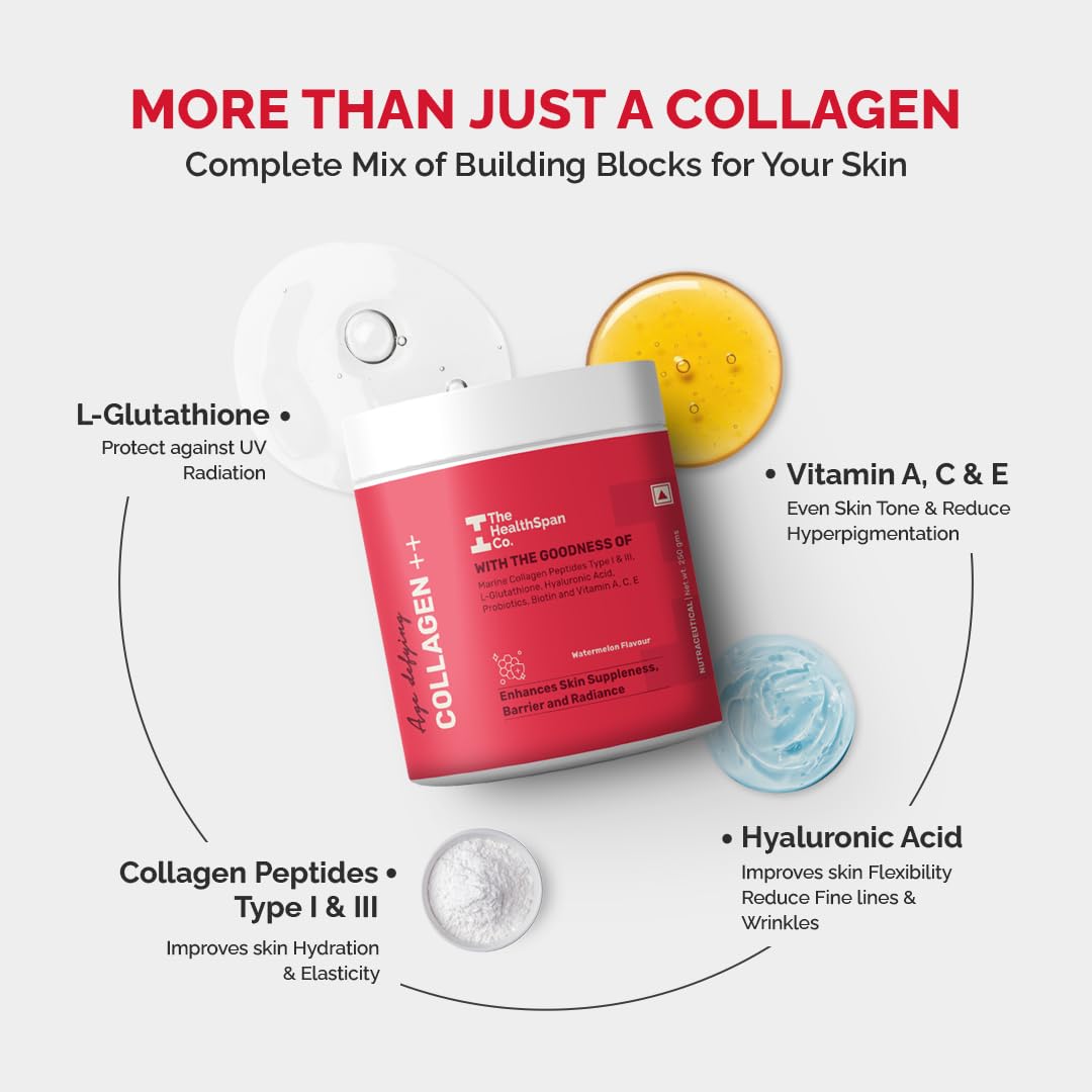 The Healthspan Co. Pure Korean Marine Collagen Powder for Women & Men 250g | For Skin, Hair, Bones & Joints | Collagen Peptides, Glutathione & Hyaluronic Acid Powder | Watermelon | 25 Serves