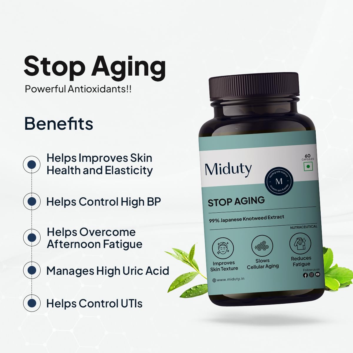 Miduty Stop Aging Trans Resveratol 250mg with Green Tea Leaf Extract 300mg | Quercetin, Bitter Orange & Pomegranate Fruit Extract | Powerful Antioxidant Formula | Anti Aging Supplement 60 Veg Capsules