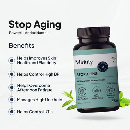 Miduty Stop Aging Trans Resveratol 250mg with Green Tea Leaf Extract 300mg | Quercetin, Bitter Orange & Pomegranate Fruit Extract | Powerful Antioxidant Formula | Anti Aging Supplement 60 Veg Capsules