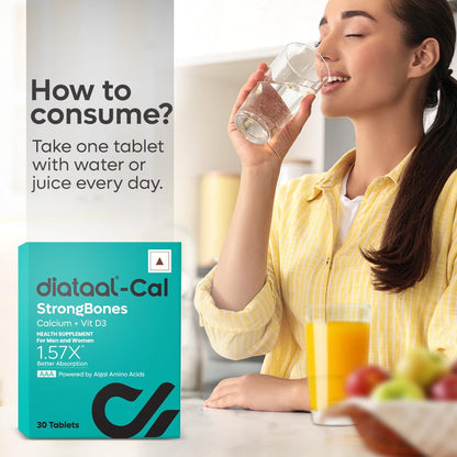 Diataal Cal StrongBones | Active Absorbable Calcium + Vit D3 for Strong bones | Calcium Tablets for Men & Women & Kids | Using Patented Japanese technology | 30 tabs