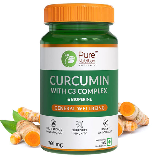 Pure Nutrition Curcumin with C3 Complex (Curcuminoids 95%), Bioperine™(Piper Nigrum), Amla & Sunthi Extracts | Fights Inflamation, Relieves Joint Pain, Rich in Antioxidants | 60 Veg Capsules