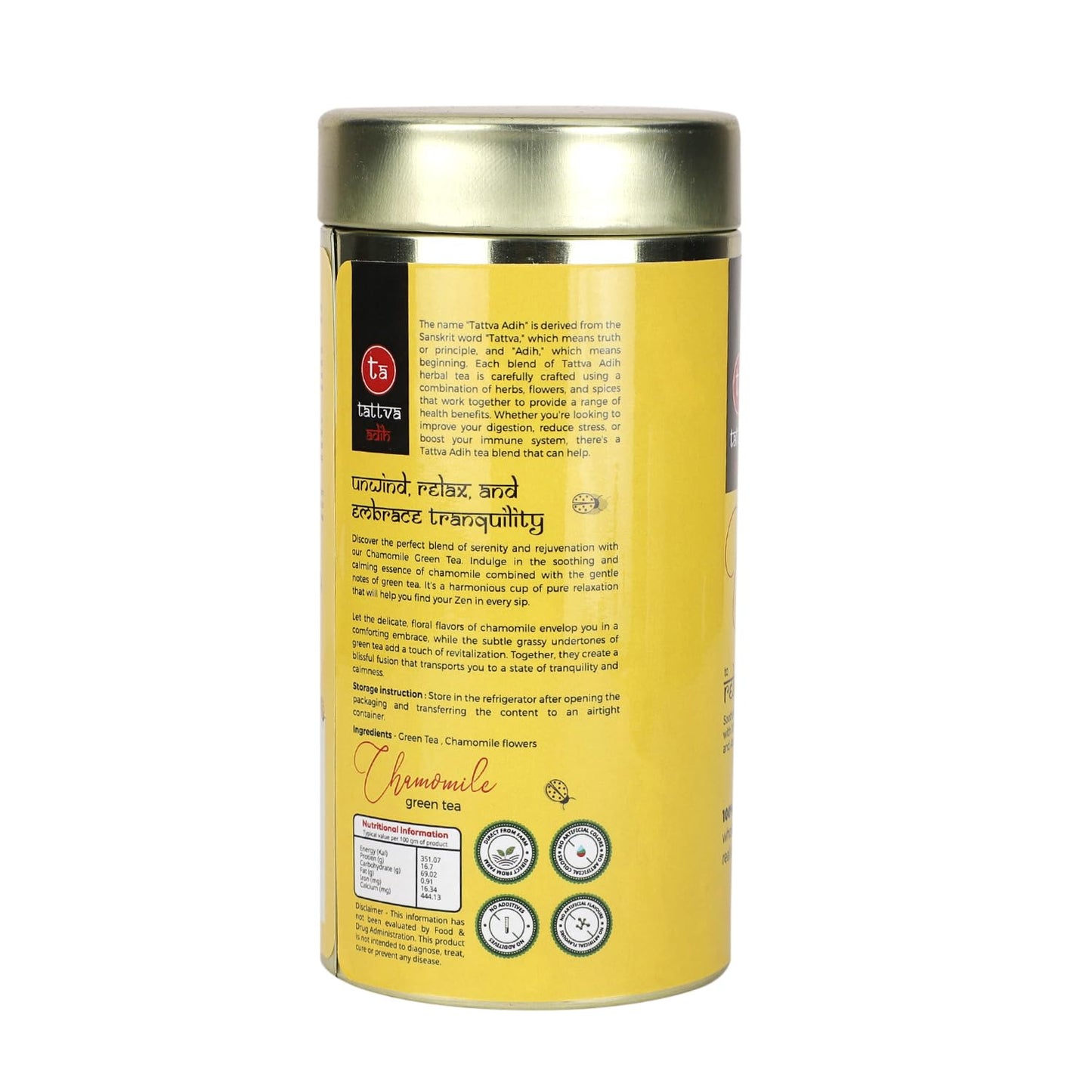 Tattva Adih Chamomile Green Tea | Stress Relief & Good Sleep I Whole Leaf Green Tea & Pure Flower Buds of Chamomile|Loose Leaves (100 grams (Airtight Container))