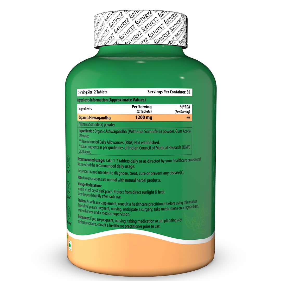 NATURYZ Organic Ashwagandha Highest Strength 1200mg tablets | Supports Stress Relief, Energy, Immunity & Muscle Recovery | Rejuvenate Mind & Body for Men & Women | Non-GMO, Vegan, Gluten-Free | USDA Organic Certified | Pesticides & Chemical Free - 60 Veg