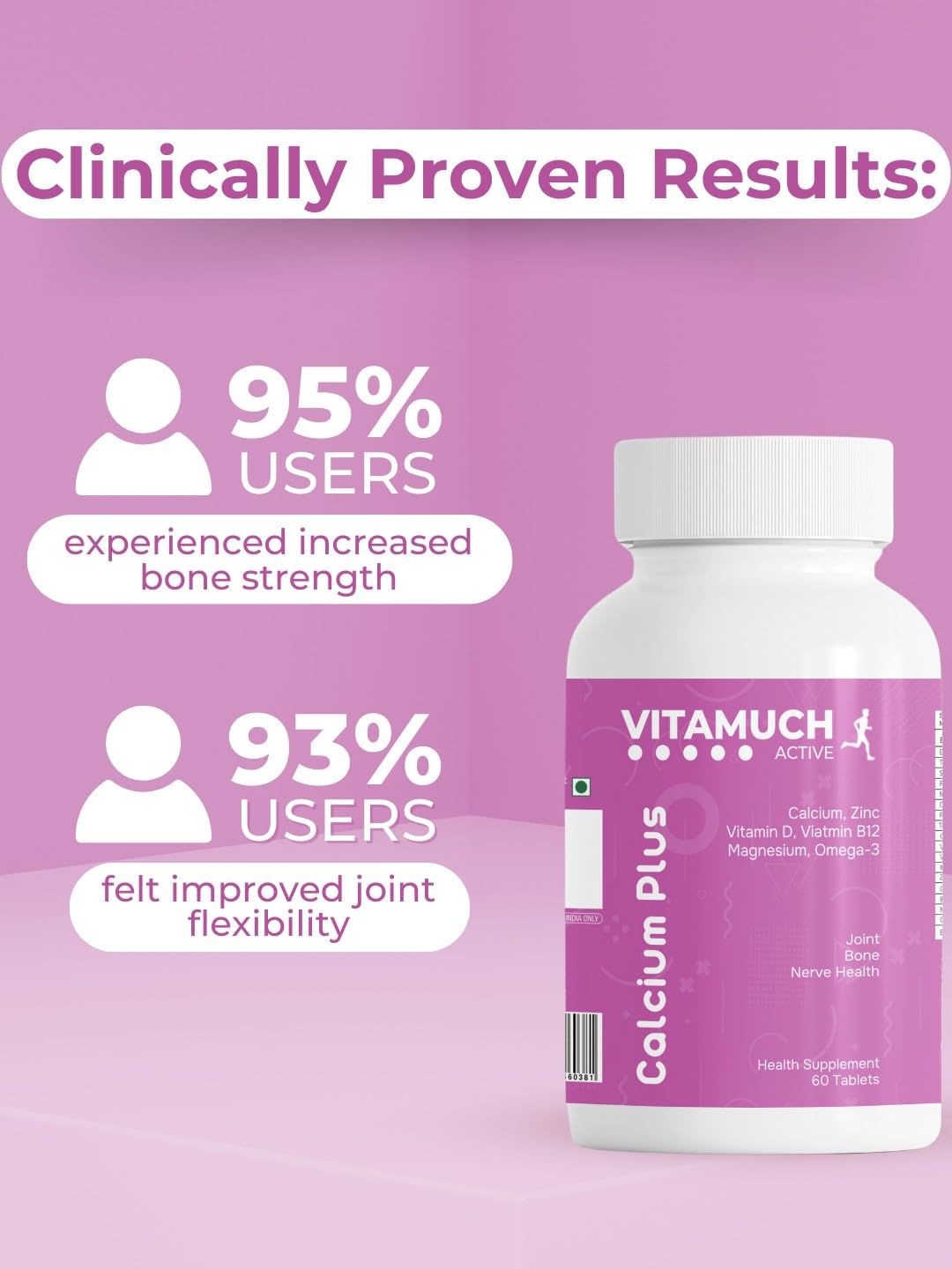 Vitamuch Calcium, Magnesium, Vitamin D2, B12 & Omega-3 Tablets | Bone Strength, Brain & Heart Health | With Zinc, Boron, Manganese & Copper | 30 Days Pack (60 Veg Tablets)