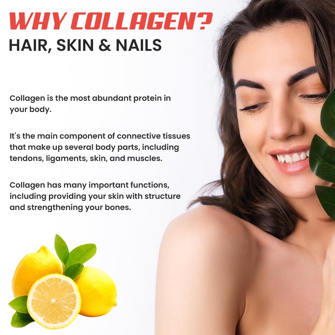 NATURYZ Marine Collagen Skin X5 for Women & Men | Premium Collagen Peptides | Power of 5 Blends | Hyaluronic acid, Biotin & Vitamin E | Supports Skin Radiance, Healthy Hair, Nails, Bone & Joints – 240g(Lemon Flavour)