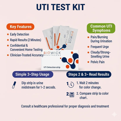 Biowick UTI Home Test Kit | 3 Urine Test Strips | Early UTI Detection at Home | Clinically Tested | Tests Leukocytes & Nitrites | Hygienic & Accurate | Self-Testing Kit | Ideal for Women & Seniors