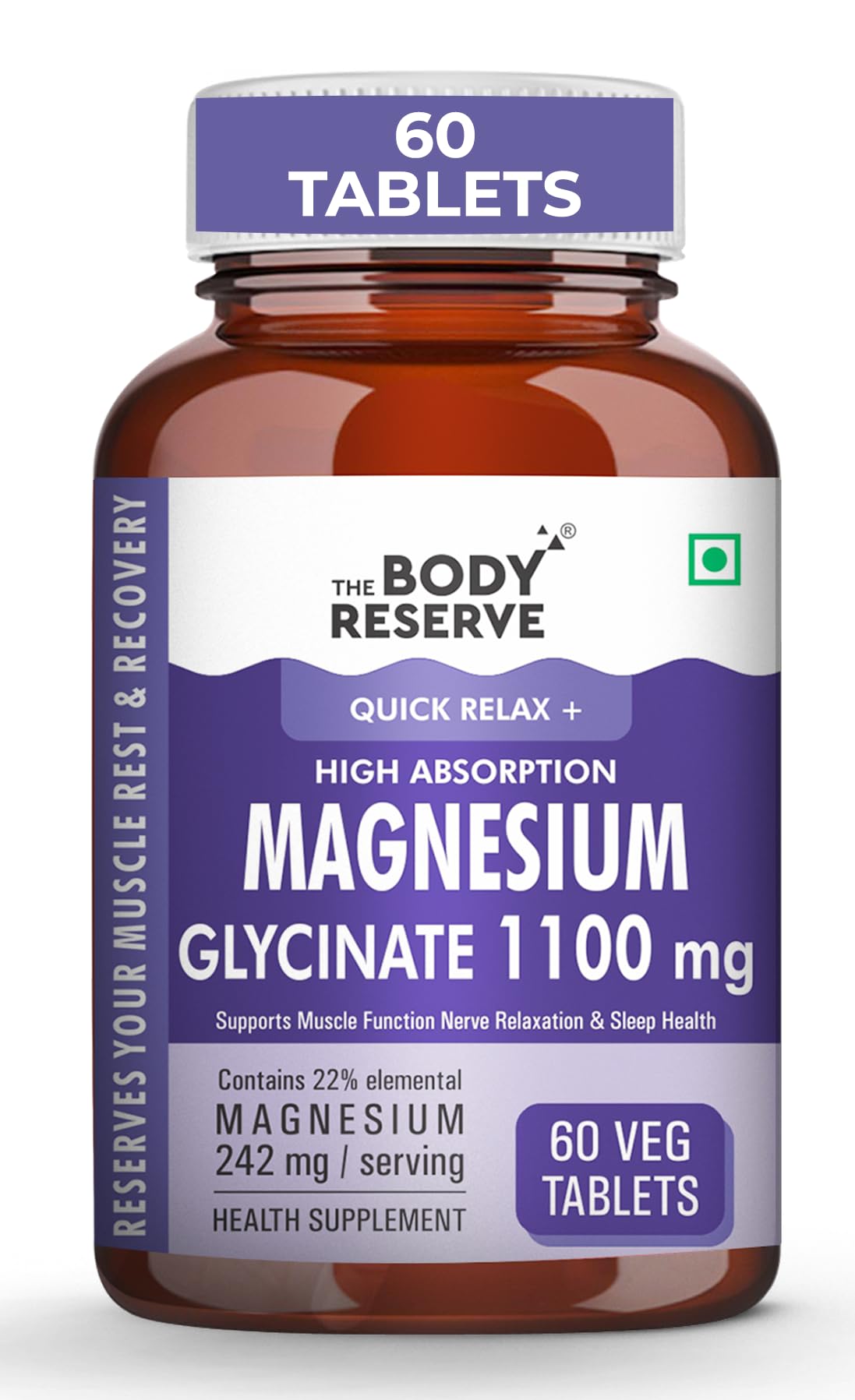 The Body Reserve Magnesium Glycinate Supplement - 60 Veg Tablets, 1100mg Per Serving, High Absorption Chelated Form - Muscle & Nerve Health, Relaxation for Men & Women