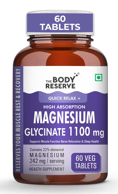 The Body Reserve Magnesium Glycinate Supplement - 60 Veg Tablets, 1100mg Per Serving, High Absorption Chelated Form - Muscle & Nerve Health, Relaxation for Men & Women