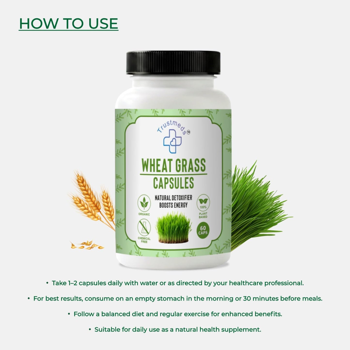 Trustmeds Wheat Grass Capsules (60 Count) | 100% Organic & Plant-Based Immunity Booster | Natural Detoxifier for Digestion, Energy & Stamina | For Glowing Skin & Healthy Hair | Non-GMO & Chemical Free