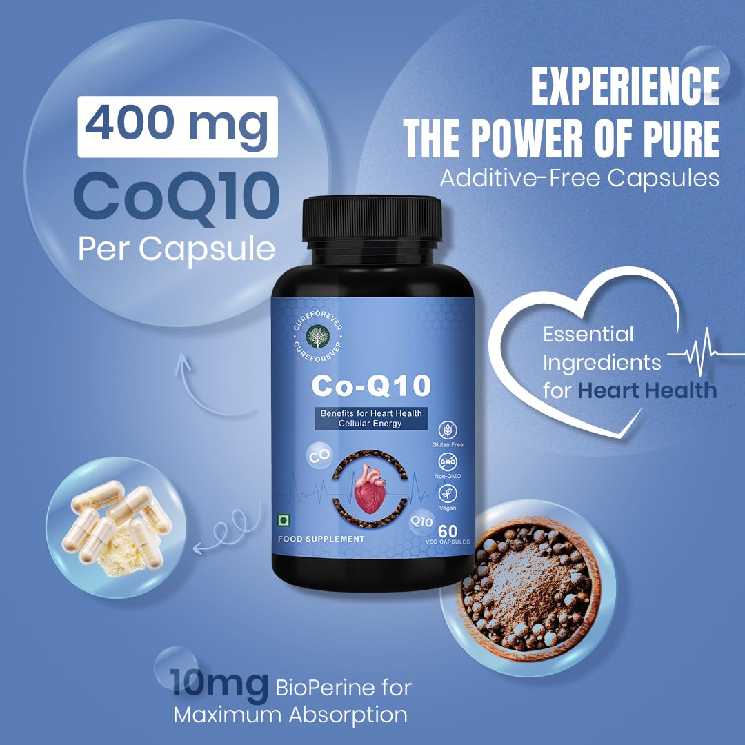 CUREFOREVER Coenzyme Q10 (CoQ10) | 400mg Supplement with BioPerine 10mg | Supports Heart Health and Vascular Health, Healthy Ageing, Cellular Energy Support, Antioxidant Formula – 60 Capsules