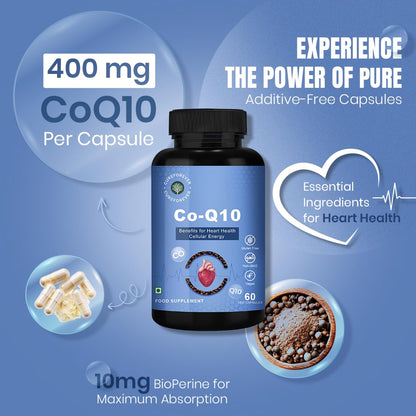 CUREFOREVER Coenzyme Q10 (CoQ10) | 400mg Supplement with BioPerine 10mg | Supports Heart Health and Vascular Health, Healthy Ageing, Cellular Energy Support, Antioxidant Formula – 60 Capsules
