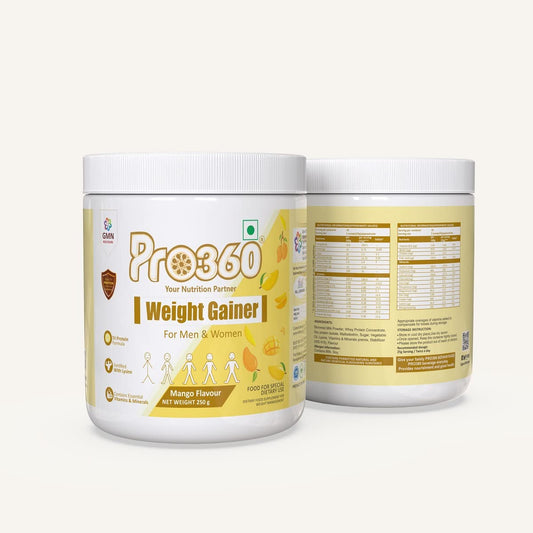 Pro360 Weight Gainer High Protein Powder - Calorie Rich Complete Nutritional Supplement - Triple Protein Source with 25 Vital Nutrients for Men & Women - Mango Flavour - (250+250) g Pack of 2