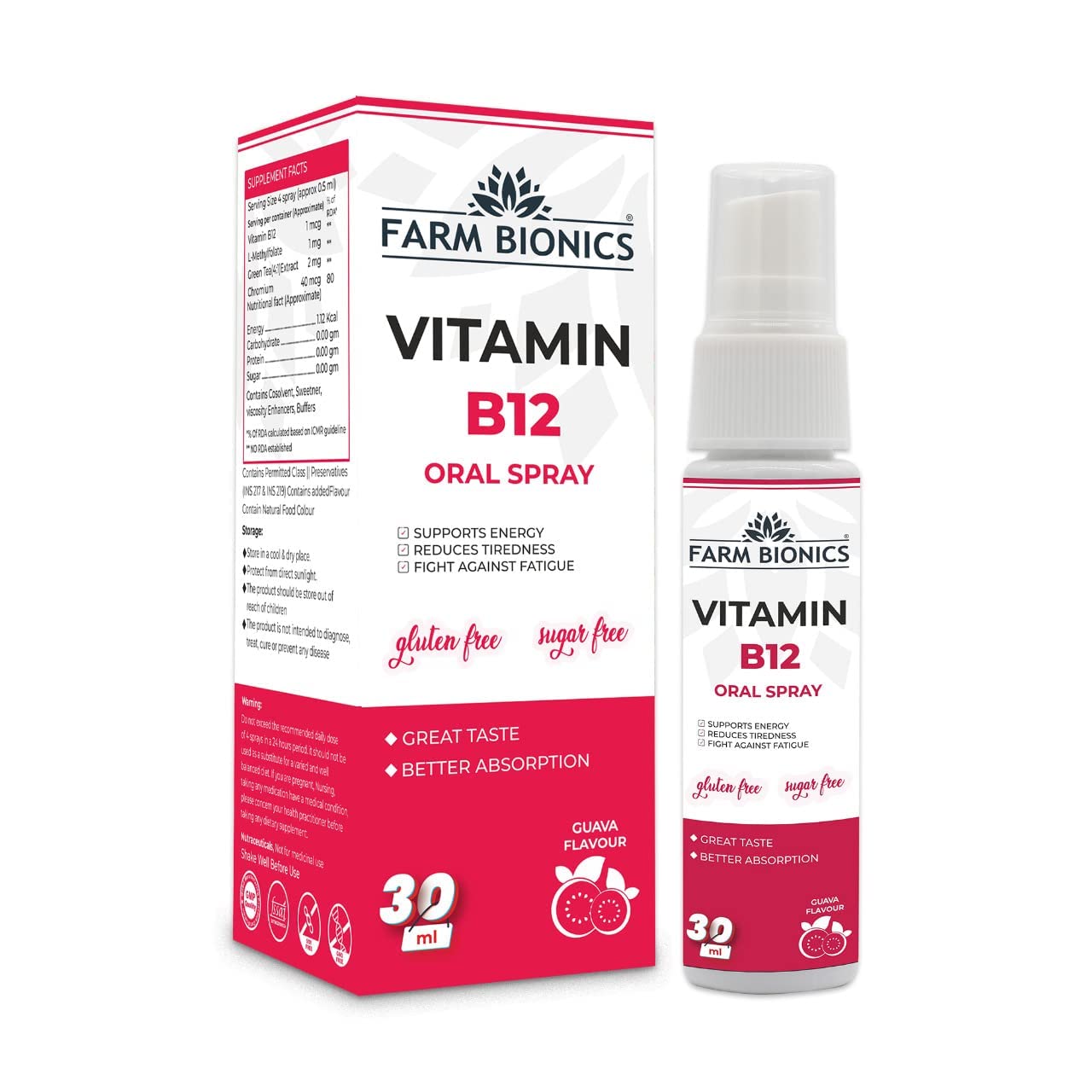 FARM BIONICS Combo of Guava Flavour Vitamin B12 and Muskmelon Flovour Vitamin D3 Oral Spray, 30ml | 100% Vegetarian | Sugar and Gluten Free | Immunity Booster Spray for Men and Women