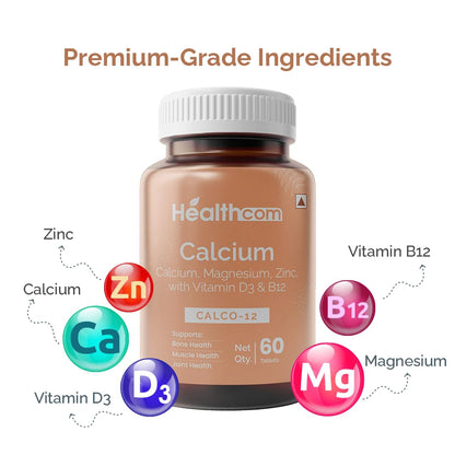 Healthcom Nutra CALCO-12 Calcium 60 Tablets Pack | Magnesium, Zinc With Vitamin D3 & B12 Capsule for Men & Women | For Stronger Bones, Immunity Improves Joints & Muscles Metabolism