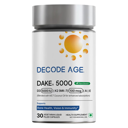 Decode Age DAKE 5000 IU | Vitamin D3 K2 Supplement with Vitamins E & A in MCT Oil for Bone, Immune, Heart and Vision Support | Vegan Capsules | 1 Month Supply