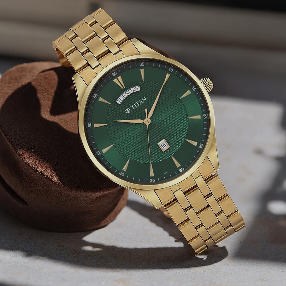 Titan Opulent LII Quartz Analog with Day & Date Green Dial Gold Stainless Steel Strap Watch for Men - NT90127YM03