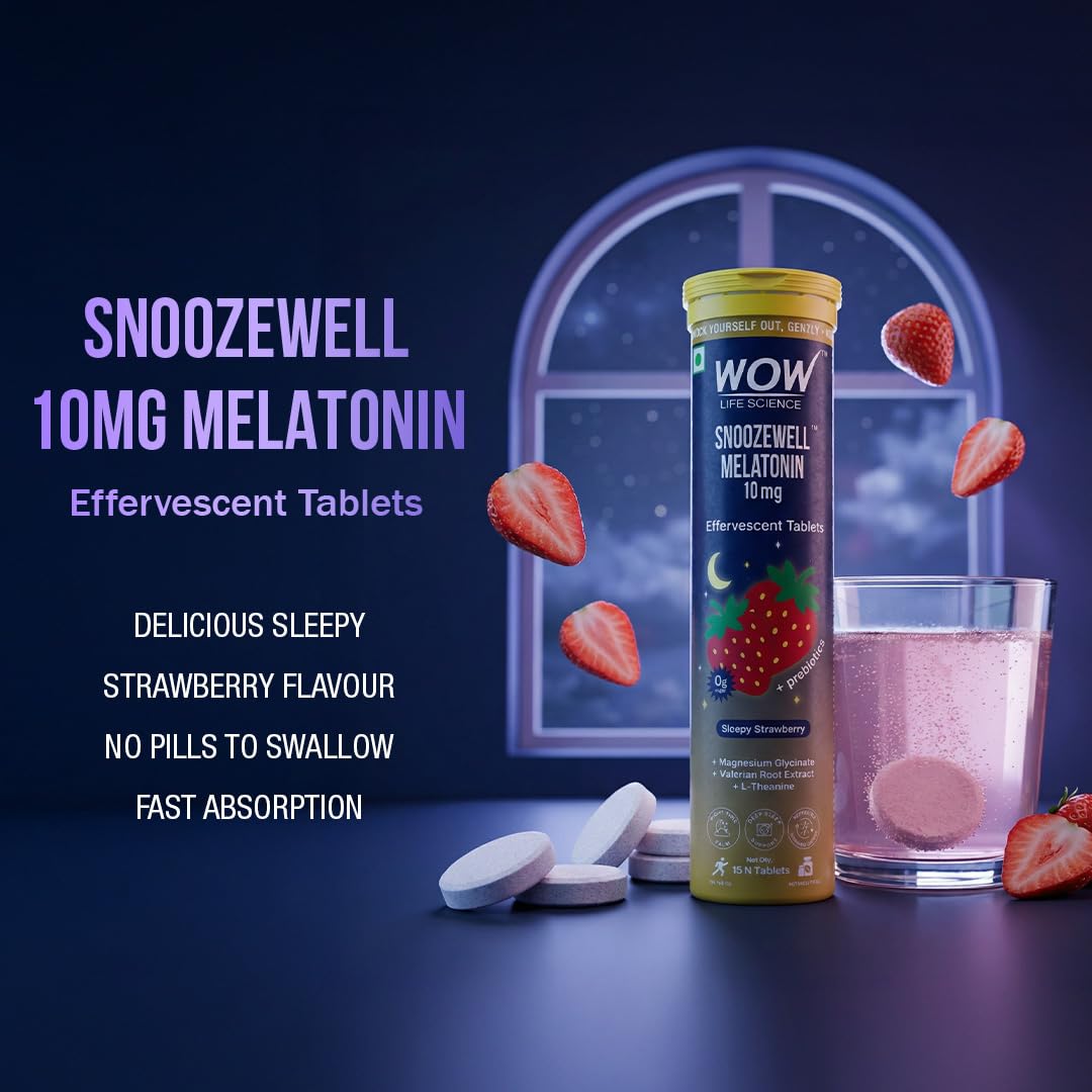 WOW Life Science Snoozewell Melatonin 10 mg Effervescent Tablets | Night-Time Sleep Drink with Magnesium Glycinate, Valerian & L-Theanine | Zero Sugar Gentle Sleep Support, Calm Mind & Deep Rest | Sleepy Strawberry | 15 Tablets