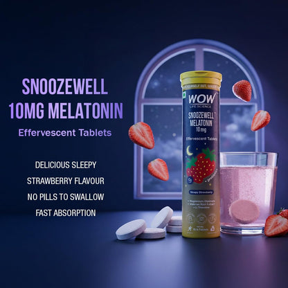 WOW Life Science Snoozewell Melatonin 10 mg Effervescent Tablets | Night-Time Sleep Drink with Magnesium Glycinate, Valerian & L-Theanine | Zero Sugar Gentle Sleep Support, Calm Mind & Deep Rest | Sleepy Strawberry | 15 Tablets