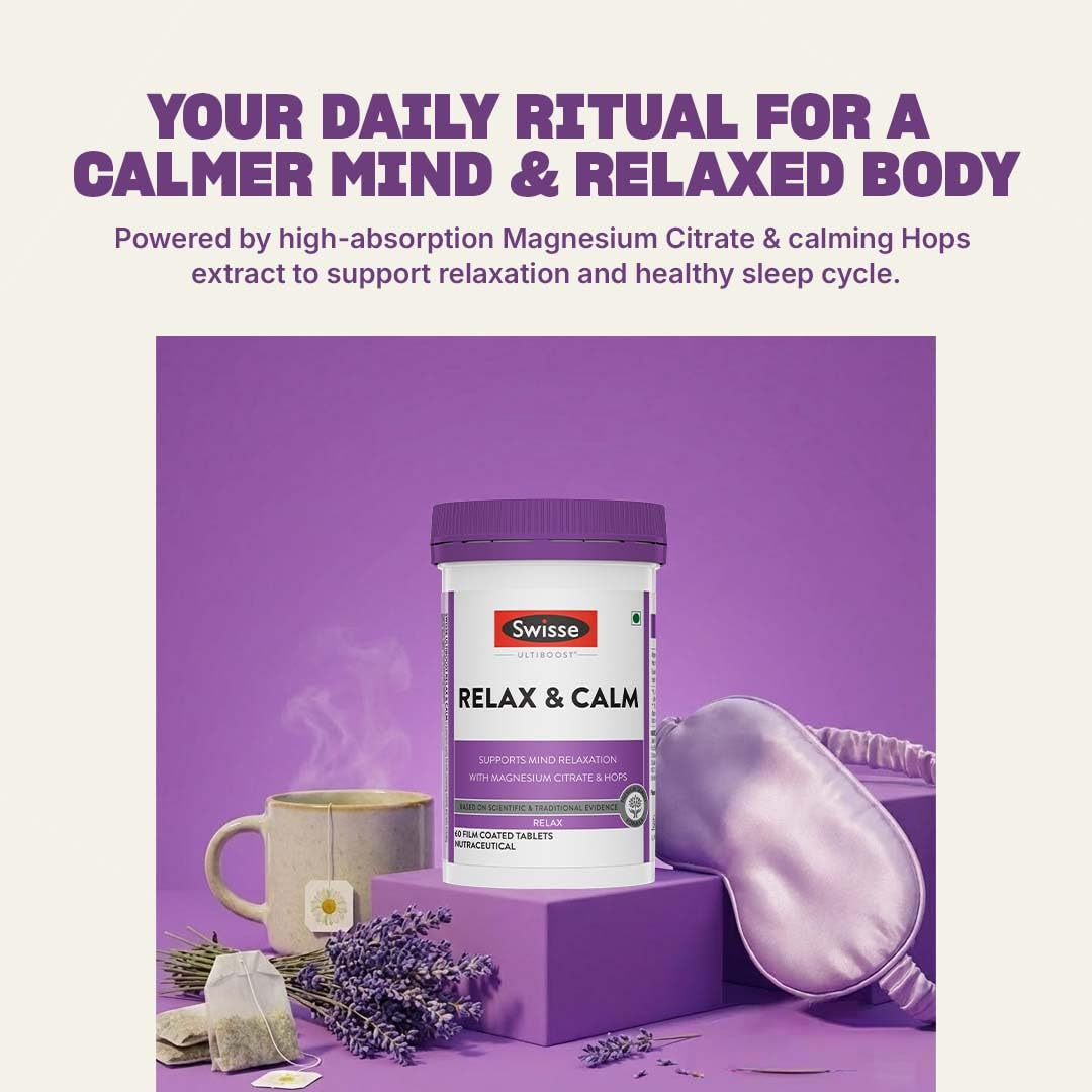 Swisse Relax & Calm - 300mg Magnesium Citrate with Hops & Inositol - Helps Muscle Recovery, Supports Mind Relaxation & Healthy Sleep Cycles | Non-Drowsy Everyday Formula (60 Tablets)