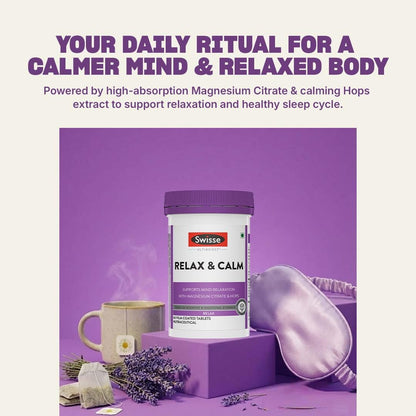 Swisse Relax & Calm - 300mg Magnesium Citrate with Hops & Inositol - Helps Muscle Recovery, Supports Mind Relaxation & Healthy Sleep Cycles | Non-Drowsy Everyday Formula (60 Tablets)