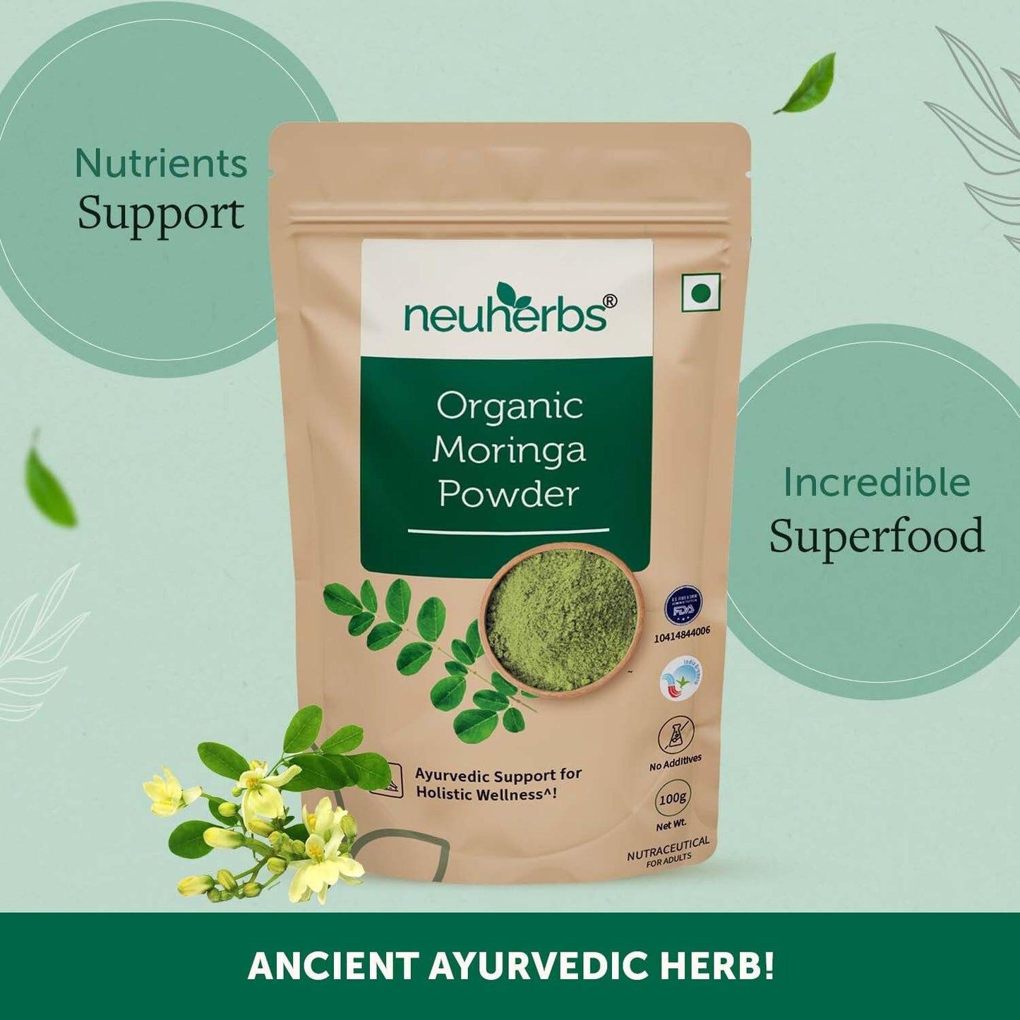 Neuherbs Organic Moringa Powder | Drumstick Leaf Powder/Churna | Rich In Antioxidant & Protein To Support Digestion, Hair & Skin Health | Certified Organic - 100g