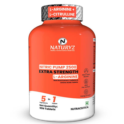 NATURYZ Nitric Pump 2500 Mg Extra Strength L-Arginine | L Citrulline | Caffeine | Boosts Stamina | Energy | Increases Blood Flow | Improves Performance | Ideal Pre-workout Supplement for Men & Women - 90 Tablets