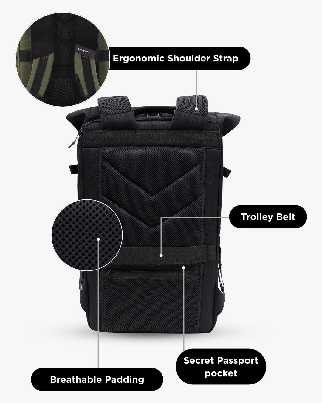 CarryPro HOBO25 V3.0 Roll-Top Zipper Laptop and Camera Travel Backpack (25-30L), Removable Camera Box, Water-Resistant + Raincover, 2-Yr Warranty – For Work, College & Travel (Olive Green)