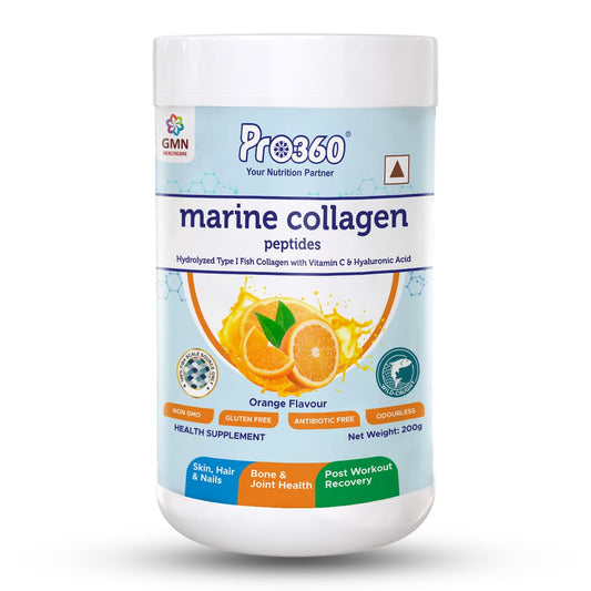Pro360 Marine Collagen Peptides Powder for Healthy Skin, Hair, Nails, Bone, Joint, Post workout Recovery - Hydrolyzed Type 1 Fish Collagen for Men and Women - Orange flavor 200g (Pack of 1)