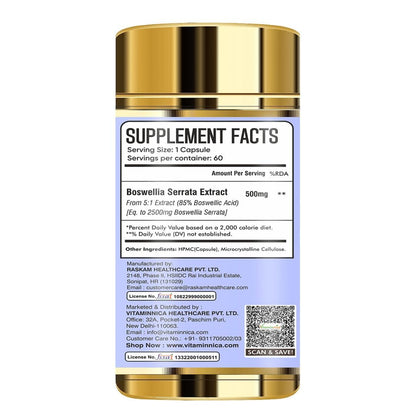 Vitaminnica Boswellia Serrata 2500mg (5:1 Extract) – Premium Herbal Joint Support Supplement, Supports Mobility & Comfort, Vegetarian Capsules, Non-GMO, 60 Count