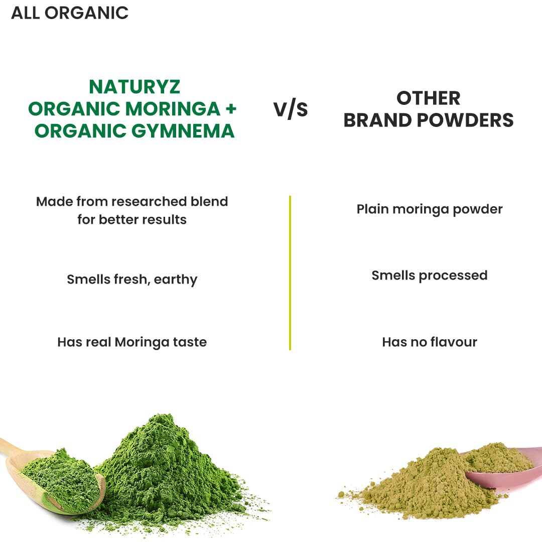 NATURYZ Organic Moringa +Gymnema ( Gudmar) Powder leaves for Lean Weight Management | Supports Blood Sugar Control, Reduces Cravings & Enhances Metabolism | Energy | Detox | Immunity | USDA Organic Certified | Pesticides & Chemical-Free - 150g
