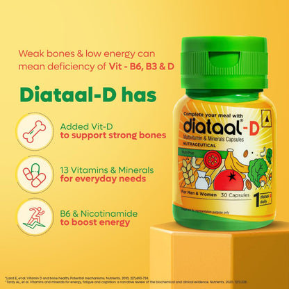 Diataal-D Multivitamin with added vit. D & ALA | Sustained Energy I Strong Bones I Immunity I Heart Health | Health, Fitness & Wellness Supplement | 180 Capsules | For Men and Women Pack of 6 (30 Cap each pack)