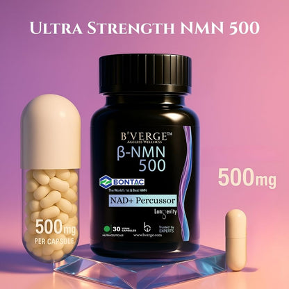 BVERGE® NMN Supplement 500mg |100% Purity | BONTAC Pro NMN World's Most Trusted & Trusted by Experts | Healthy Ageing | Repair Cells | Enhance Muscle | Neuro Function (500MG 30 Capsules)