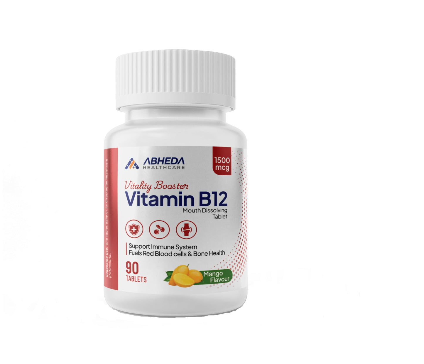 ABHEDA HEALTHCARE Vitamin B12 1500mcg Tablets - Fast Absorbing Mouth Dissolving Supplement - Delicious Mango Flavor - 90 Count - High Potency for Energy, Metabolism & Immune Support