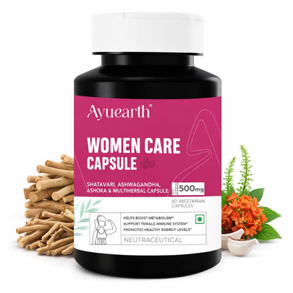 Ayuearth Women Care Capsule 500 mg | Women Wellness | Multiherbal Capsule | Support Female Immune System | Promotes Energy Levels | Restore Hormonal Balance | 60 Veg Capsules