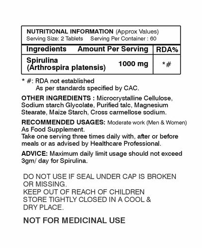 ANJIX Spirulina 500 mg Veg Capsules | Plant Based Superfood Supplement for Energy Immunity & Daily Wellness | 60 Capsules